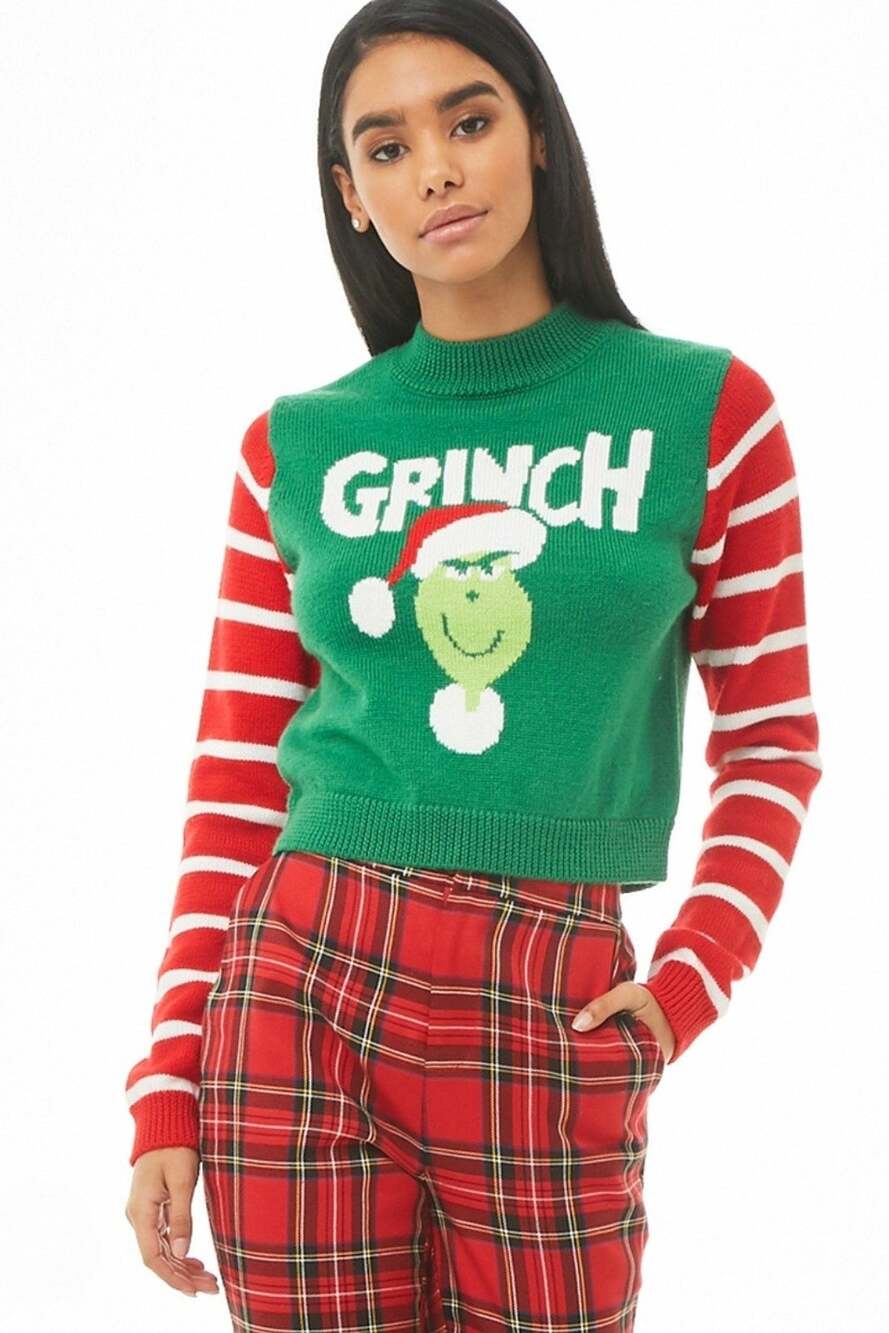 Forever 21 x The Grinch Green Striped-Sleeve Cropped Ugly Sweater Women's XS